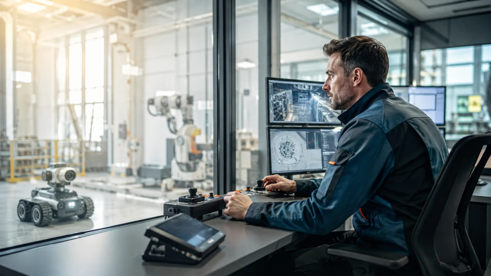Technical operator remotely controlling an industrial inspection robot